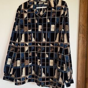 Vintage 90’s Blue Oversized Abstract Geometric Button Down Shirt Women’s Size 18
